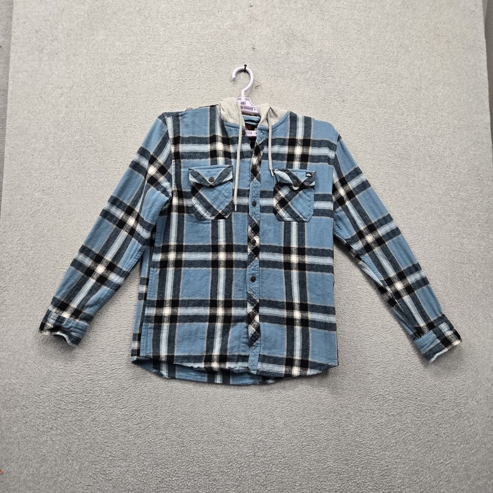 Quiksilver Men Button Up Shirt S Blue Plaid Flannel Hooded Shirt